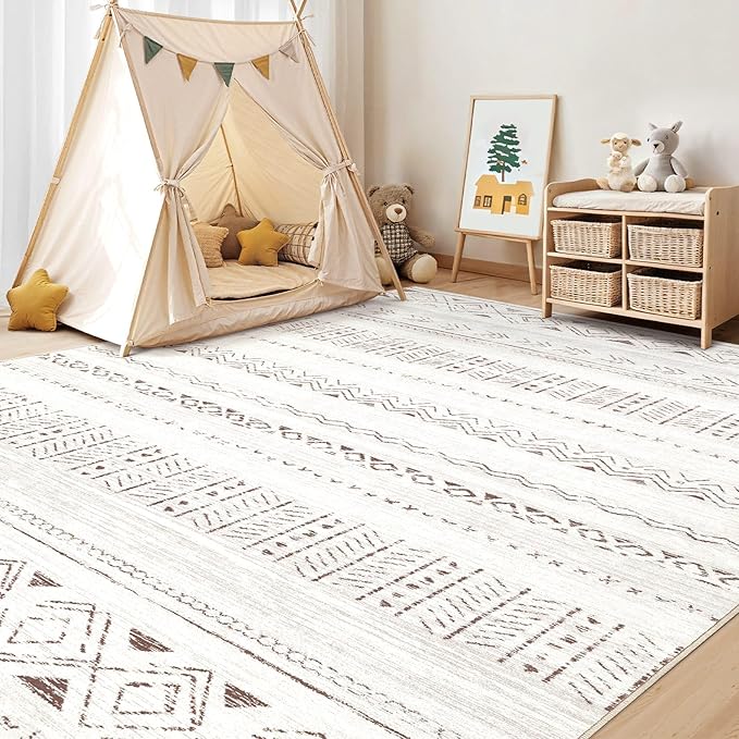 cotiled 10x14 Area Rug Living Room: Washable Boho Rugs with Non Slip Backing Large Soft Indoor Stain Resistant Carpet for Bedroom Farmhouse Dining Room Lightweight Home Decor L Brown/Cream