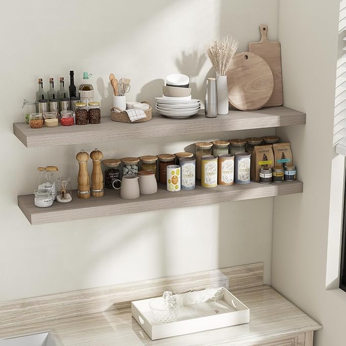 Fun Memories 55 Inch Fireplace Mantel Shelf, 12 Inch Deep Shelves for Display & Wall Storage, Rustic Wood Wall Shelf, Extra Long Floating Shelves for Bathroom Bedroom Living Room, Grey, 2 Pack
