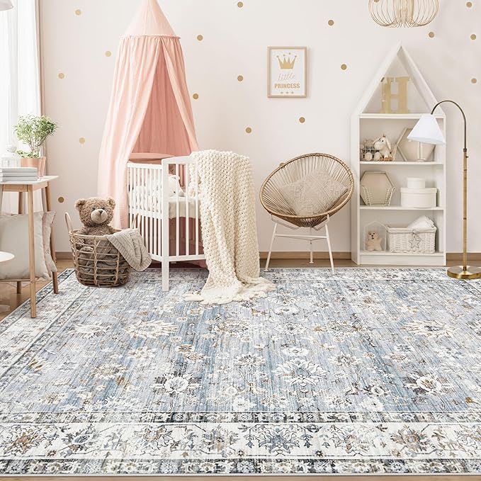 XLUEZ Area Rug 6x9 Living Room Rug, Machine Washable Vintage Distressed Boho Area Rug Non-Slip Soft Low Pile Large Indoor Rugs for Bedroom Kitchen Dining Room Office(Light Blue,6'x9')