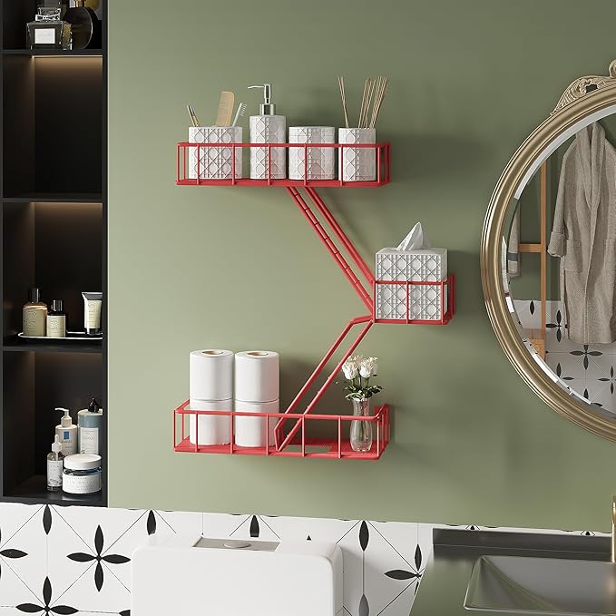 Fire Escape Shelf - 3 Tier Metal Red Fire Escape Wall Shelves with Baskets, New York Action Figurine Display Shelf, Unique Rustic Floating Decorative Wall Shelves for Any Room
