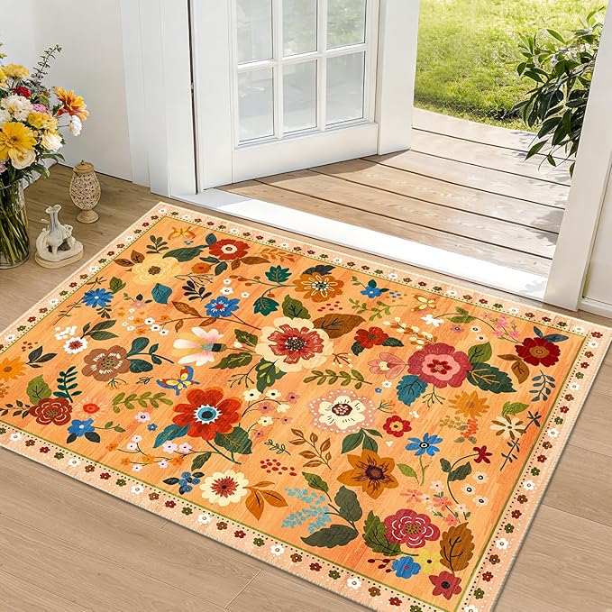RELEANY Floral Nursery 2x3 Area Rugs Washable Print Boho Cute Carpet Non Slip Flower Low Pile for Living Room Kids Girls Playroom Bedroom Kitchen Office Farmhouse-Yellow/Orange