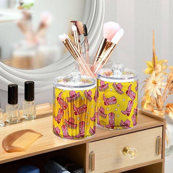 Western Cowboy Stars Yellow Bathroom Containers Holder with Lids Set Clear Jars 2 Pack Plastic Makeup Storage Organizer 4.13 x 2.75In for Vanity Balls Floss Picks