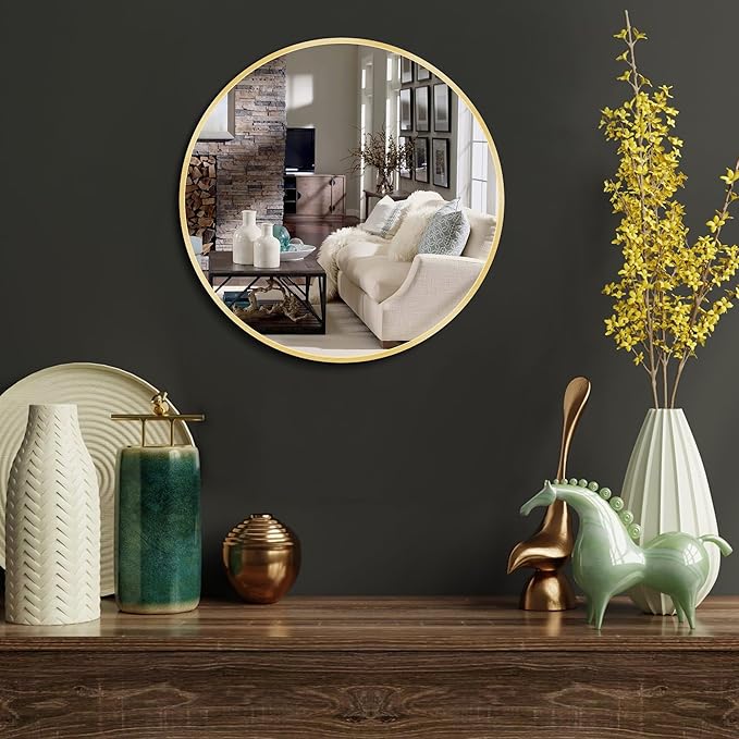 Itrue 12 Inch Small Round Wall Mirror, Gold Metal Frame Decorative Circle Mirror with Wall Mount Hook for Bathroom Bedroom Entryway – Accent Mirror, Not Full Size