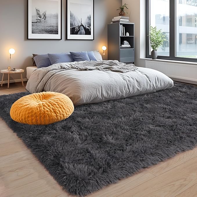 Area Rugs 9x12 for Living Room, Ultra Soft Fluffy Rugs for Bedroom, Non-Slip Furry Large Rug for Teen Girls and Boys,Nursery Kids Room Dorm Home Decor, High Pile Plush Floor Carpet, Charcoal Grey