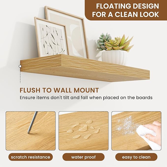 fuqing Floating Shelves for Wall, Wall Mounted Wood Floating Shelf with Invisible Brackets for Living Room, Bathroom, Bedroom, Kitchen Storage and Decor, 20 Inch Set of 2, Oak