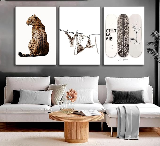 TOLAN 3Pcs Trendy Leopard Print Canvas Wall Art Stylish Female Aesthetic Poster Cheetah Printed Preppy Fashion Skateboard Picture Wall Decor for Bedroom Apartment Dorm Living Room Home Decoration