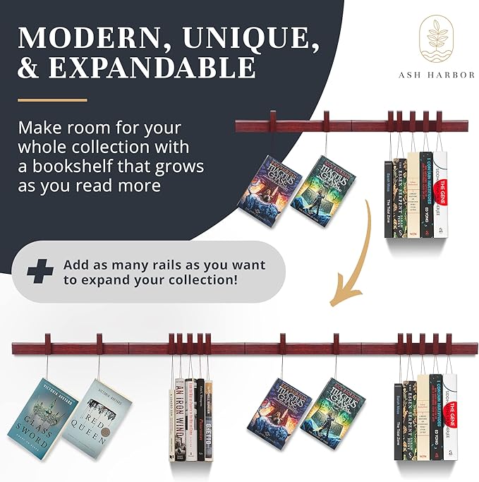 Ash Harbor Floating Wall Bookshelf - Wall Mounted Book Organizer with Included Bookmarks - Hardwood Hanging Bookshelf for Bedroom, Living Room, or Kitchen - A Thoughtful Gift for Book Lovers (Dark)