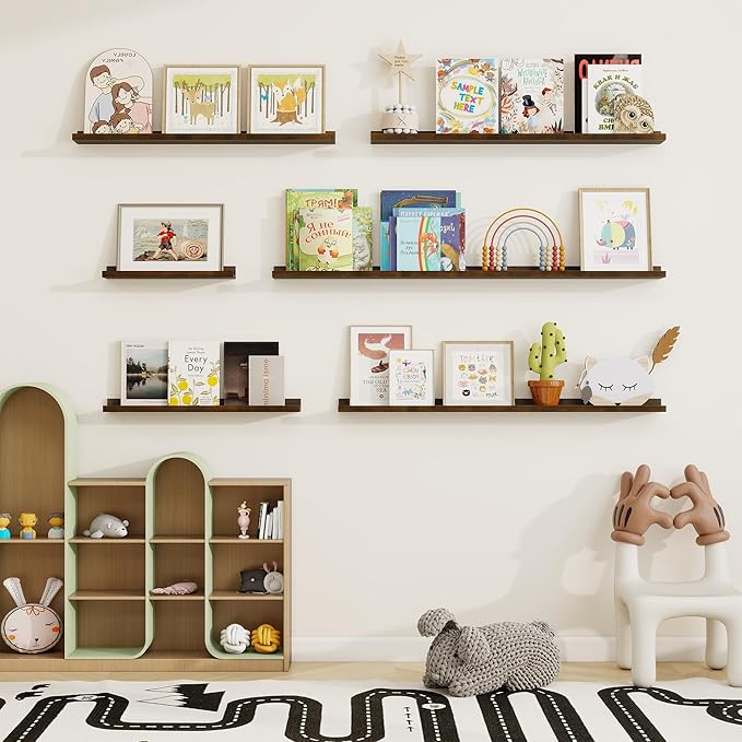 Picture Ledge Shelf, Solid Pine Wood Floating Shelves Set of 2, 24 Inches Nursery Book Shelves for Toys Storage, Kids Bookshelf Wall Mounted for Living Room Bedroom Decor Books Photo Frames, Walnut