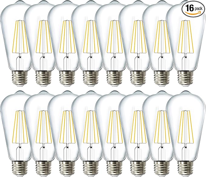 Sunco 16 Pack 60W Vintage LED Edison Bulbs Equivalent 8.5W CRI92 800 Lumens, Dimmable ST64 Filament, ST19, 2700K Soft White E26 Medium Base Light Bulbs High Brightness Clear Glass Waterproof - UL