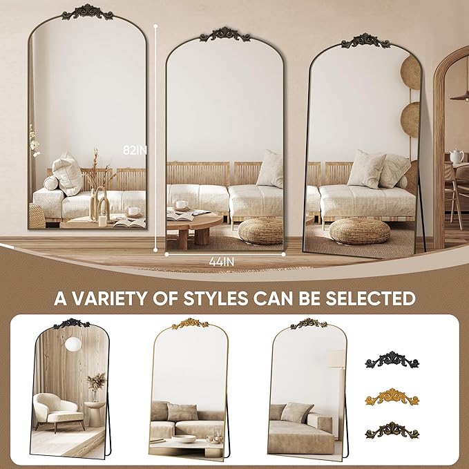 Antok Arched Full Length Mirror, 82"x44" Floor Mirror with Carved, Full Body Mirrors for HomeDecor, Standing/Halling Large Wall Mirror for Bedroom, Living Room, Cloakroom, Bronze, Retro Style