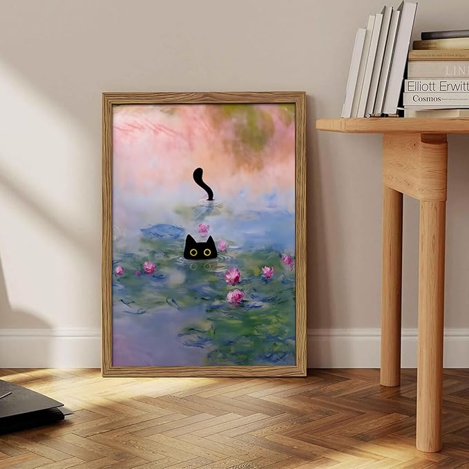 Vintage Framed Cat Canvas Wall Art Monet Print, Funny Black Cat in Water Lilies Poster, Monet Office Wall Decor, Floral Oil Painting Picture Artwork for Living Room Bathroom Aesthetic – 16x24 inch