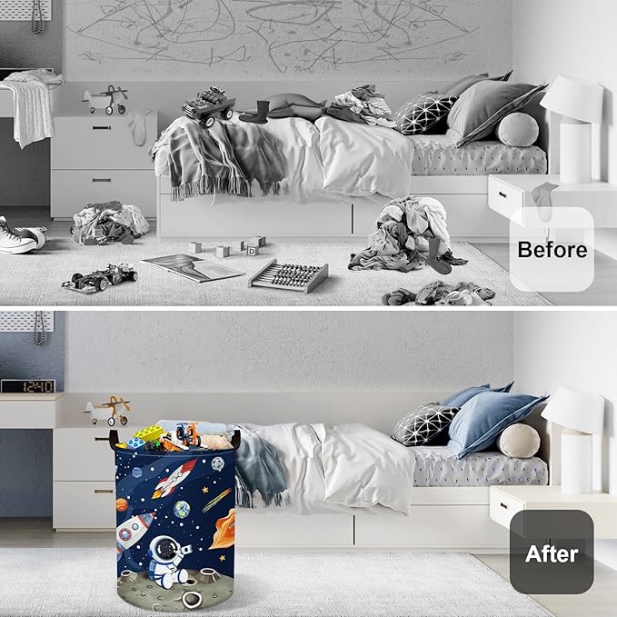 Space Rockets Laundry Hamper Cartoon Astronaut Large Storage Basket Planet Collapsible Parents Organizer Boys Clothes Toy Bins for Bedroom, Bathroom, Blue, 63L