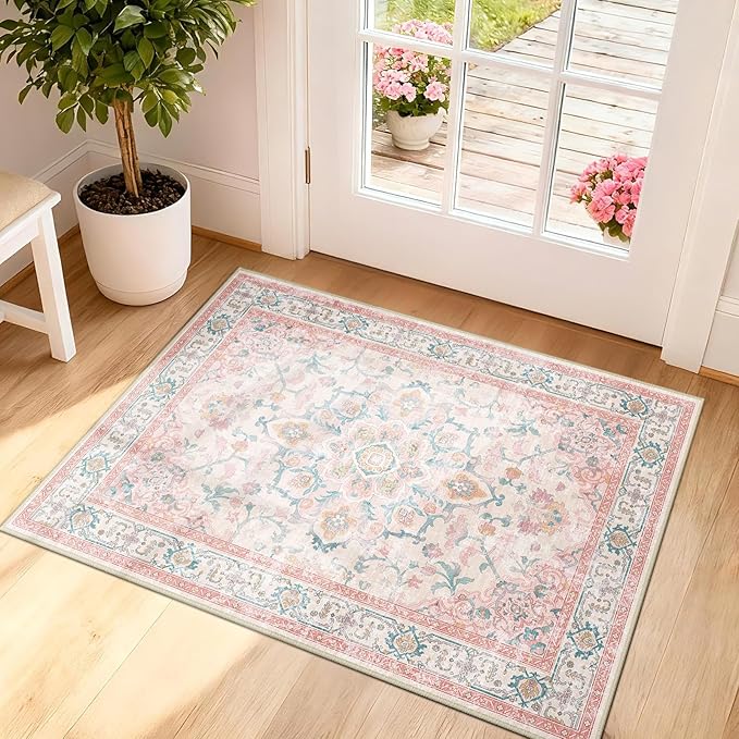 CAPALOCA Machine Washable Rugs Nursery Rug 2x3 Cute Girl Non Slip Low Pile Water Repellent Soft Print Pattern for Bedroom Indoor Decor Kids Playroom Pink Teal