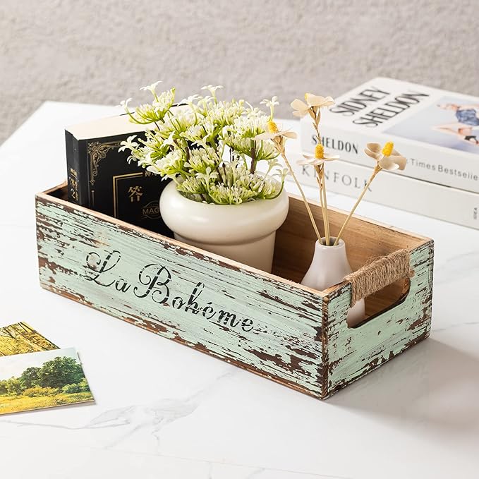 TIMRIS Farmhouse Distressed Wooden Storage Box, Rustic Bathroom Decor Box, Decorative Toilet Tank Basket, Vintage Countertop Organizer Box with Handles (Distressed Green)