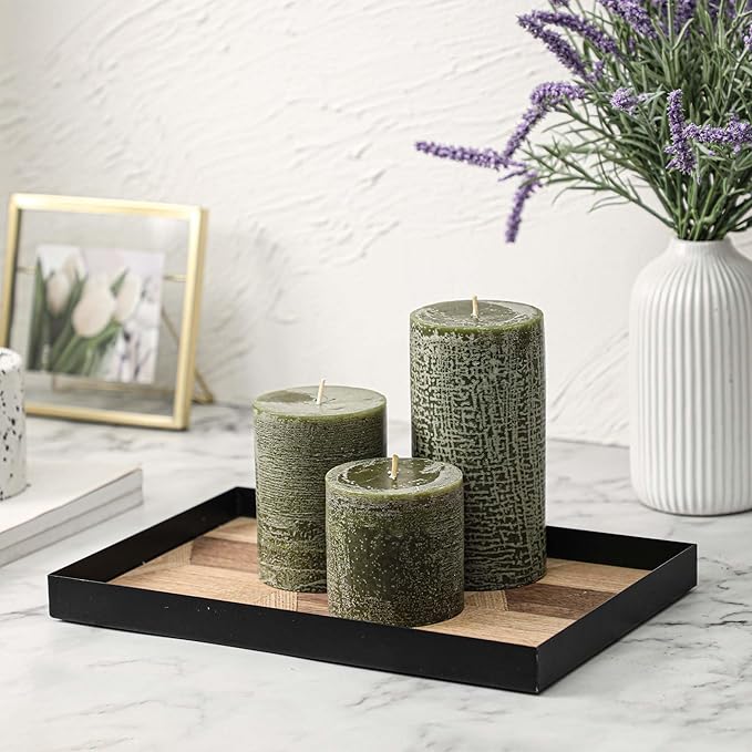 3x3 Inch Moss Green Pillar Candles - Set of 3, Long Clean Burning, Smokeless Dripless Candles for Spring Home Decor, Dinner Table, Bathroom, Rustic Decor