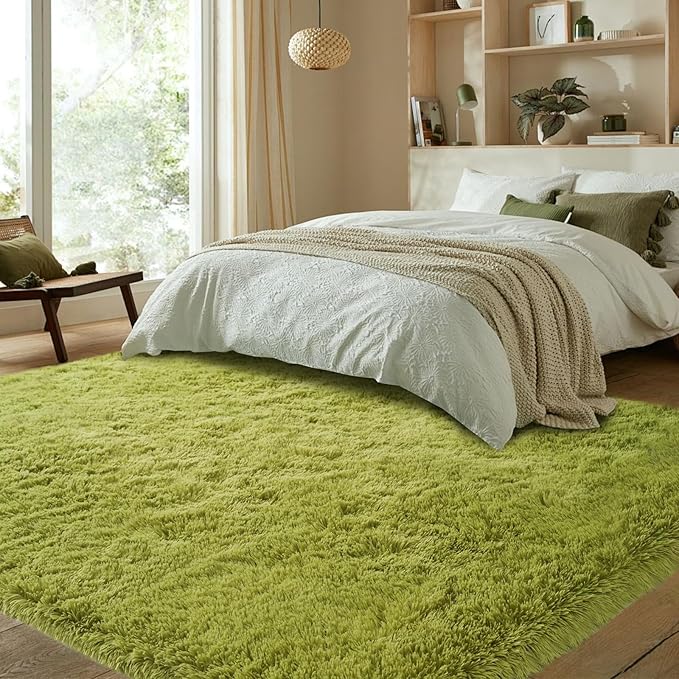 Green Grass Area Rugs for Bedroom: 3x5 Fluffy Fuzzy Carpet-Shag Furry Plush Soft Kids Girls Shaggy Bedside Indoor Floor Rug for Teen Dorm Home Decor Aesthetic (Lawn Green,3x5 Feet)
