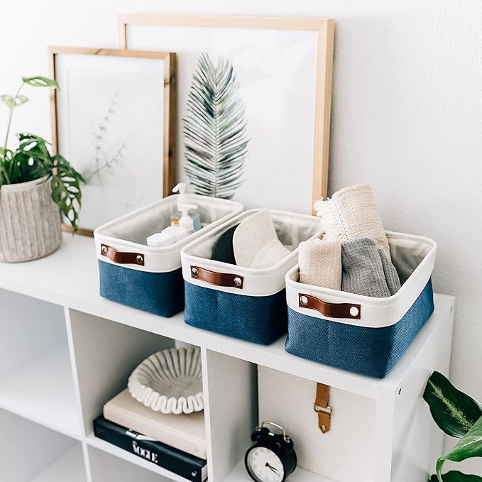OrganiHaus Small Fabric Storage Baskets 6 Pack, 12x8in Cloth Storage Bins for Shelves, Small Baskets for Organizing Pantry Closet, Canvas Shelf Baskets, Navy Blue/Off-White