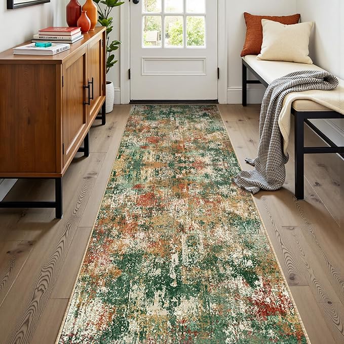 RELEANY Washable Area Rugs 2'x8' Non-Slip Modern Abstract Soft for Living Room Entryway Bedroom Nursery, Print Pattern, Green Orange Rust Red Cream Colorful