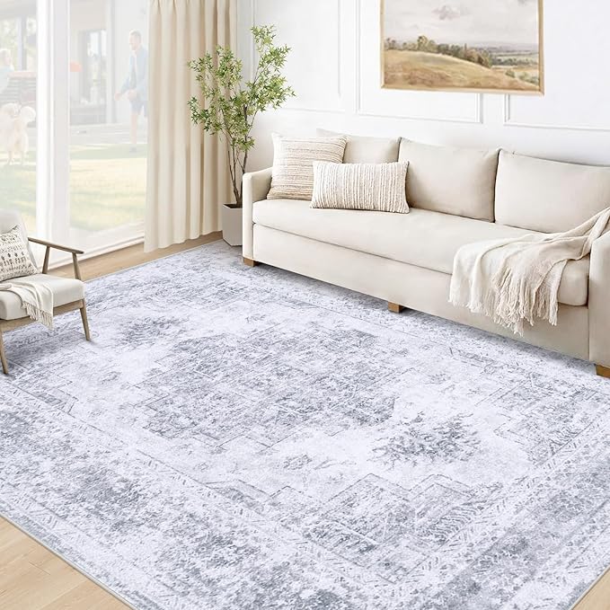 XLUEZ Area Rug 5x7 Living Room Rug, Machine Washable Vintage Distressed Medallion Rug Non-Slip Soft Low Pile Large Indoor Rugs for Bedroom Kitchen Dining Room Office(LightGrey,5'x7')