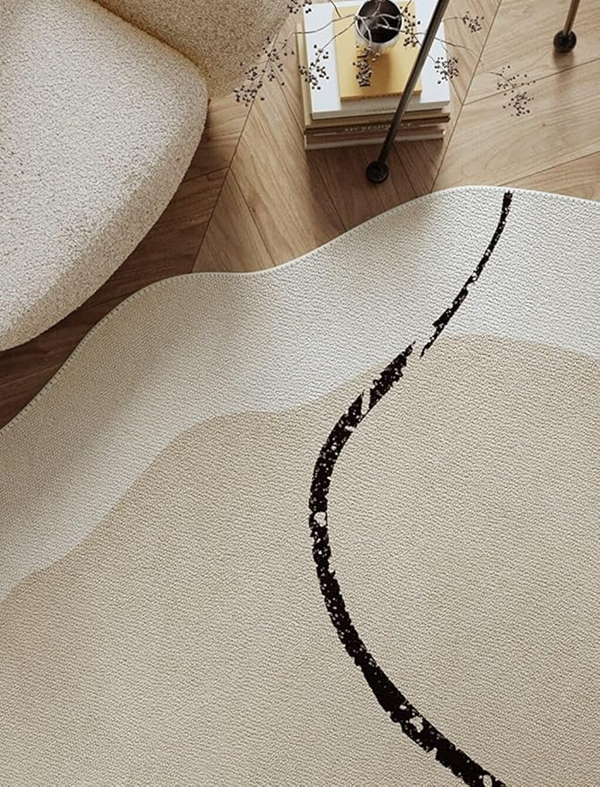 Mid Century Modern Irregular Rug 10x12 Beige Cream Black Lines Border Irregular Shaped Area Rug for Living Room Bedroom Playroom Minimalist Abstract Boho Home Office Foldable Thin Comfort Carpet Mats