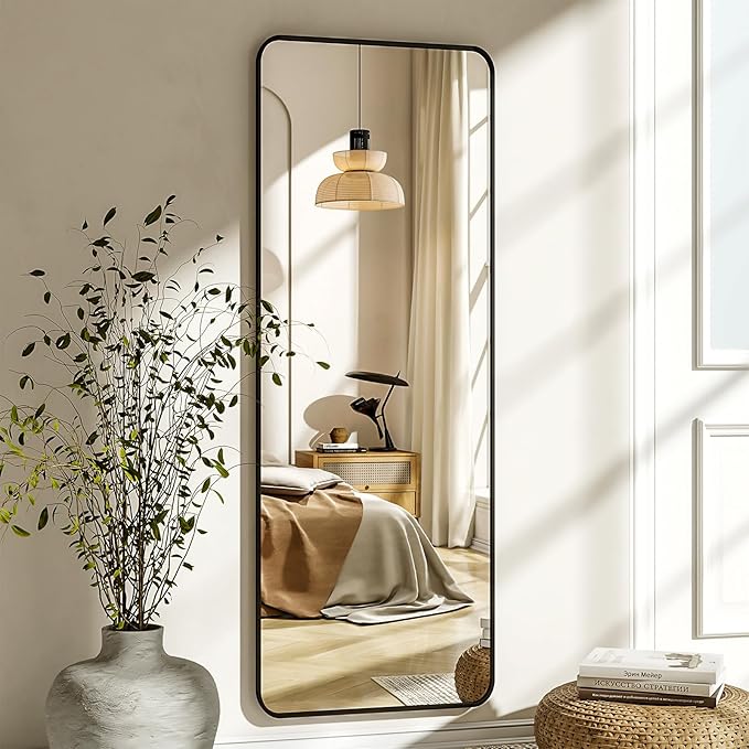XRAMFY 56"x21" Floor Full Length Mirror Standing Full Body Rounded Corner Rectangle Mirrors with Stand Hanging Wall Mounted Leaning Bedroom Living Room Bedroom Cloakroom,Black