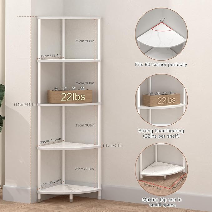 5 Tier Corner Shelf Stand, 44.1" Kitchen Shelf Organizer with Metal Frame, Small Corner Shelf for Bathroom Organization & Storage, Marble White Corner Shelf for Kitchen Decor Accessories
