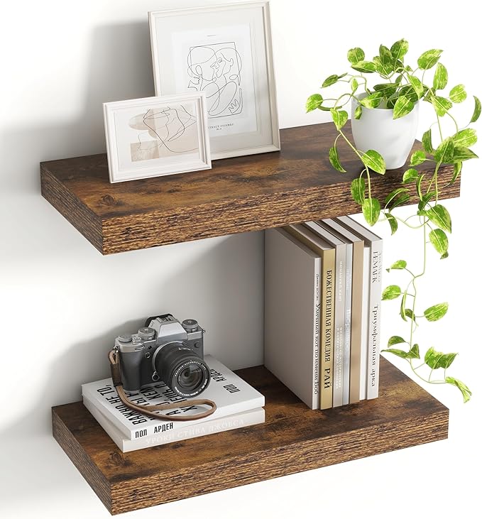 Acovy 16 Inch Floating Shelves, 8 Inch Deep Floating Shelves for Wall, Hanging Shelf with Invisible Brackets, Deep Shelves for Bathroom, Bedroom, Living Room, Brown, Set of 2