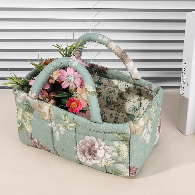 Mini Storage Basket, Small Quilted Boho Fabric Organizer Bin with Handle, Portable Collapsible Basket for Socks, Keys, Diaper
