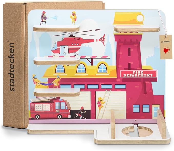 stadtecken Wooden Shelf for Music Box I Suitable for The Toniebox and ca. 35 Tonies I Perfect Storage in The Children's Room I for Setting up or Hanging (Medium, Fire Fighters)