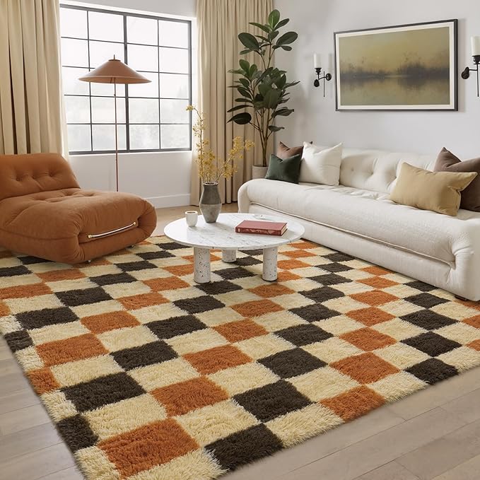 PureCozy Checkered Rug 8x10 for Living Room, Colorful Modern Shag Rug Washable Non-Slip Large Area Rug Super Soft Indoor Fuzzy Carpet Fluffy Rugs for Bedroom Home Aesthetic Decor