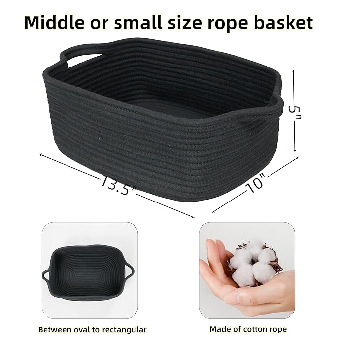 Woven Cotton Rope Storage Basket with Handles for Organizing Shelves Closet Small Cat Dog Pet Toy Basket Box Bin Decorative Rectangle Baby Nursery baskets Gift Baskets Empty Black