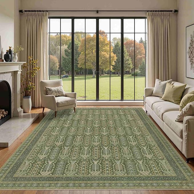 Rugxara 8x10 Washable Area Rugs for Living Room&Bedroom - Floral Boho Vintage Rug,Soft & Non-Slip,Low Pile Wool Carpet for Indoor Dining Room,Girls Room,Nursery Room and Kids Room(Olive Green)