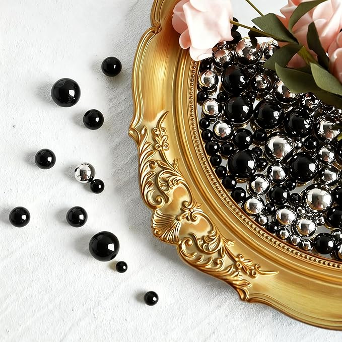 1400Pcs Black and Bright Silver Vase Filler Pearl Beads for Crafting 8mm Beads No Holes Decor Suitable for Wedding Decor, Party Decorations, Centerpiece Table Decorations