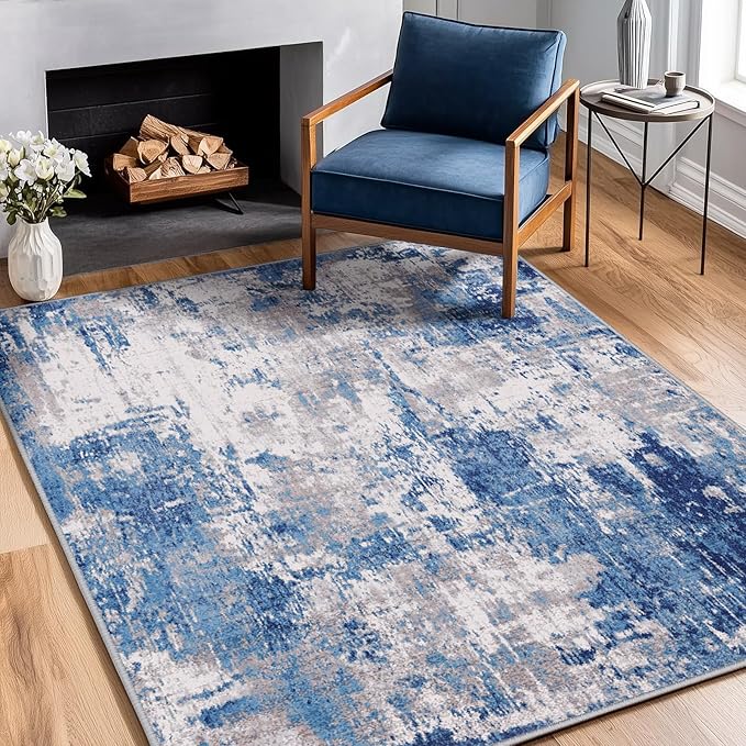 RELEANY Washable Area Rugs 4'x5' Non-Slip Modern Abstract Soft for Living Room Entryway Bedroom Nursery, Print Pattern, Blue Grey Navy Gray