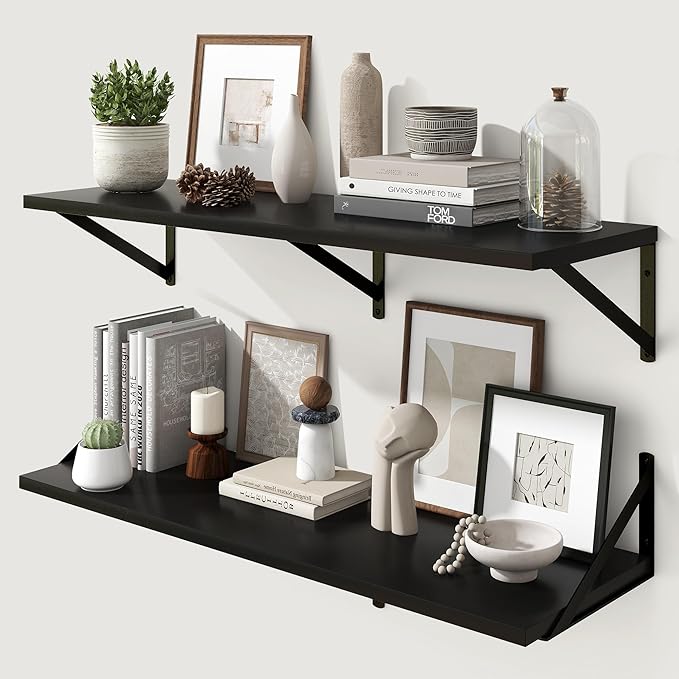 Marsmiles Black Floating Shelves for Wall - 36 Inch Wide x 12 Inch Deep Wall Shelves Set of 2 - Wood Floating Shelves for Living Room Bedroom Bathroom