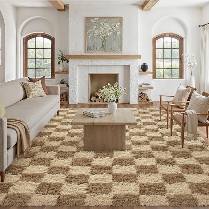 PureCozy Checkered Rug 8x10 for Living Room, Brown Modern Shag Rug Washable Non-Slip Large Area Rug Super Soft Indoor Fuzzy Carpet Fluffy Rugs for Bedroom Home Aesthetic Decor