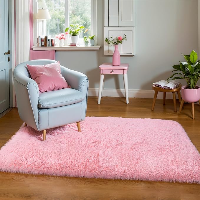 KICHOWUA Thick Area Rug Pink Fluffy Shag 3x5 for Girls Bedroom, Soft Cozy Fuzzy Plush Rug for Living Room, Machine Washable Shaggy Furry Pastel Carpet for Kids Toddler Boys Nursery Dorm Room