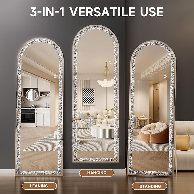 55"×20" Full-Length Mirror with Lights- Arch Crystal Crush Diamond Wall Mounted Hanging Diamond Mirror Leaning for Living Room Bedroom