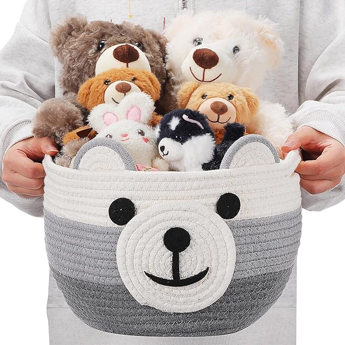 Zopeal Easter Bear Basket 13" D x 9.5" H for Nursery Cotton Rope Woven Bear Gift Empty Storage Basket with Handles Animal Hamper for Baby Shower Laundry Bathroom Home Decorative