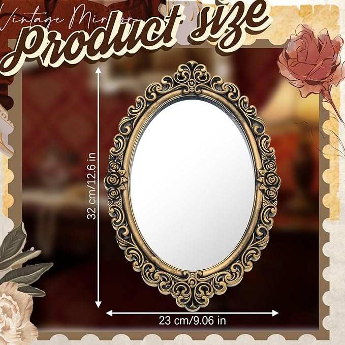Beeveer 1 Style Vintage Mirrors Set Decorative Oval Wall Mirror Small Antique Mirrored Tray Decorative Hanging Mirror for Bathroom Bedroom Jewelry Organizer Victorian Decor (Oval,Antique Gold)