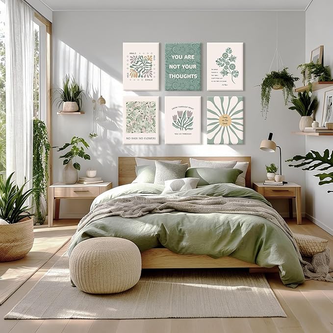 Mental Health Wall Art Therapy Office Canvas Wall Decor Green Motivational Posters Prints Boho Inspirational Quote Pictures Positive Psychology Artwork for Classroom 12x16 Inch Wrapped Canvas 6Pcs