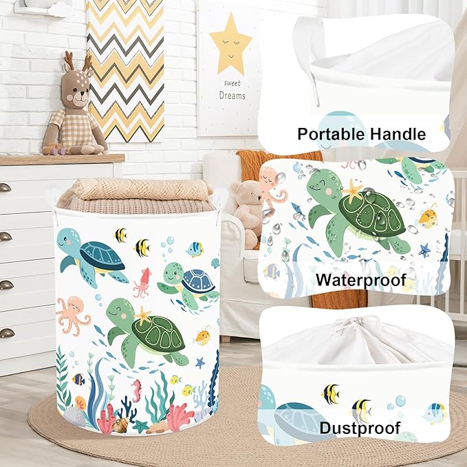 Clastyle Adorable Ocean Animals Kids Book Storage Basket Sea Turtle Clothes Laundry Basket Parents Gift Toy Box for Bedroom Shower, Green Turtle, 36x45 cm