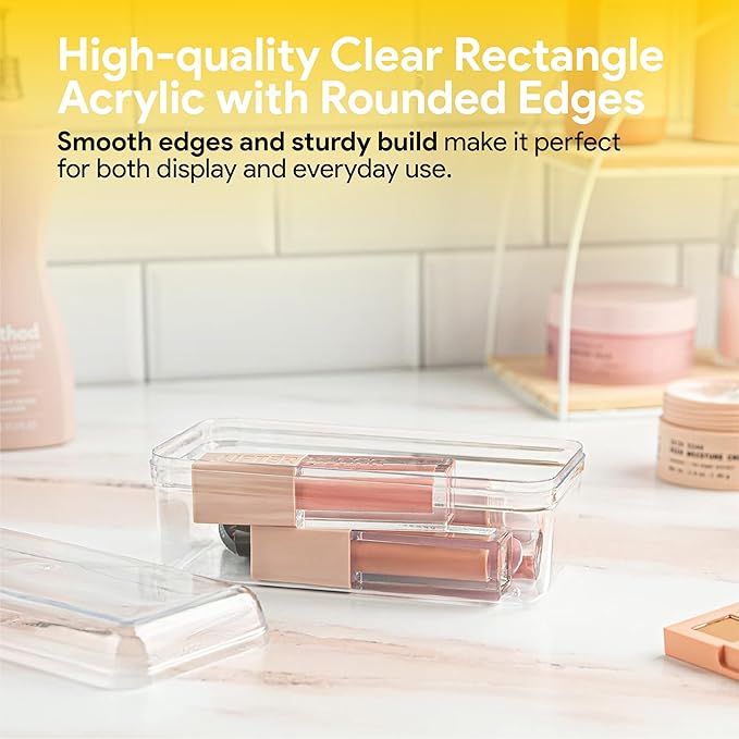 Hammont Rectangle Acrylic Box - Shelf Organizer Bins - Clear Storage Containers - Bathroom Storage | Acrylic Makeup & Jewelry Box with Lid | 6”x3”x2.5” (4 Pack)