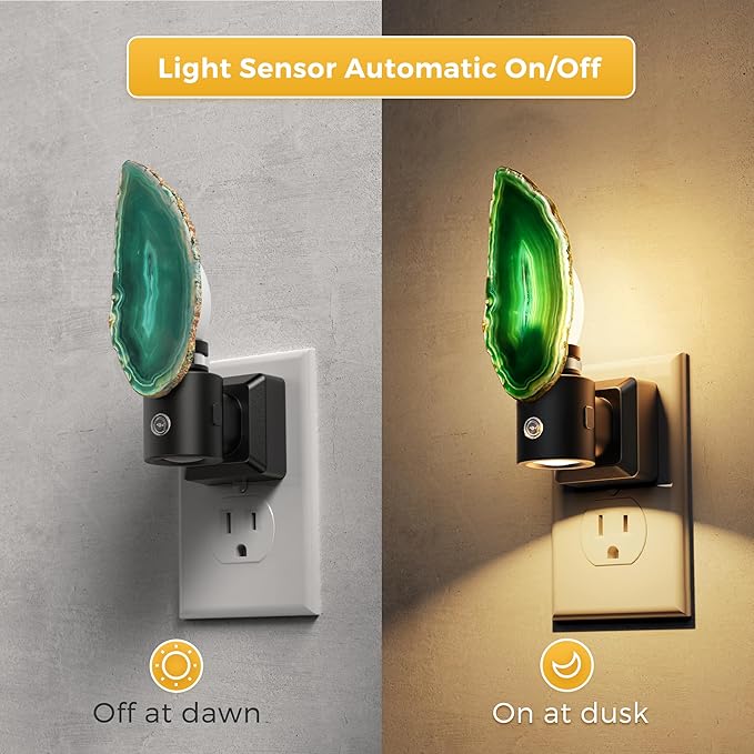 L LOHAS LED Night Lights Plug into Wall, Agate Nightlight Rotating 350°, Dimmable Dusk to Dawn Sensor, Healing Stone Green Agate Decorative Nightlight for Bedroom,Living Room[2 Pack]