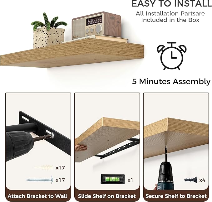 Venusmiles Floating Shelves for Wall, Engineered Wood Wall Shelves with Invisible Brackets for Living Room Bedroom Bathroom Office Kitchen Decor and Storage (Oak, 72" W x 9" D x 1.5" H) Set of 1