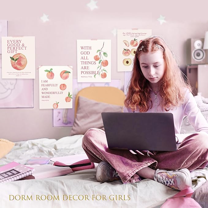 LARTSFRO Coquette Pink Peach Fruits Wall Art Decor Posters, Cute Pink Peach Christian Room Bathroom Bedroom Dorm Wall Art Decor Aesthetic for College Teen Girls Gifts, Inspirational Bible Verses Wall Decor, 10x8 Inch Set of 4 Pcs Fruits Pictures (UNFRA...