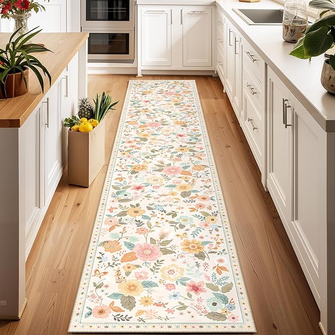 RELEANY Floral Nursery 2x10 Area Rugs Washable Print Boho Cute Carpet Non Slip Flower Low Pile for Living Room Kids Girls Playroom Bedroom Kitchen Office Farmhouse-Beige/White/Orange