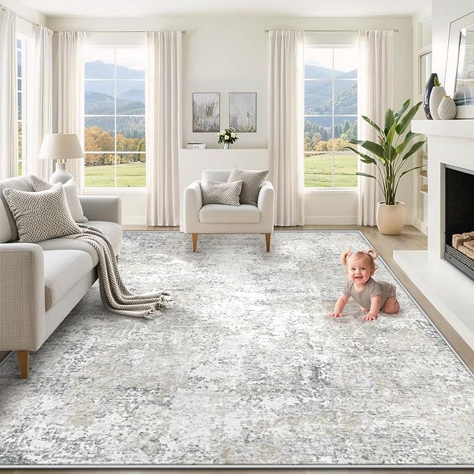 XLUEZ 8x10 Area Rugs for Living Room, Washable Modern Abstract Large Area Rug Neutral Soft Non Slip Kids Rug Stain Resistant Indoor Carpet for Bedroom Nursery Dining Room Playroom(BeigeGrey, 8'x10')