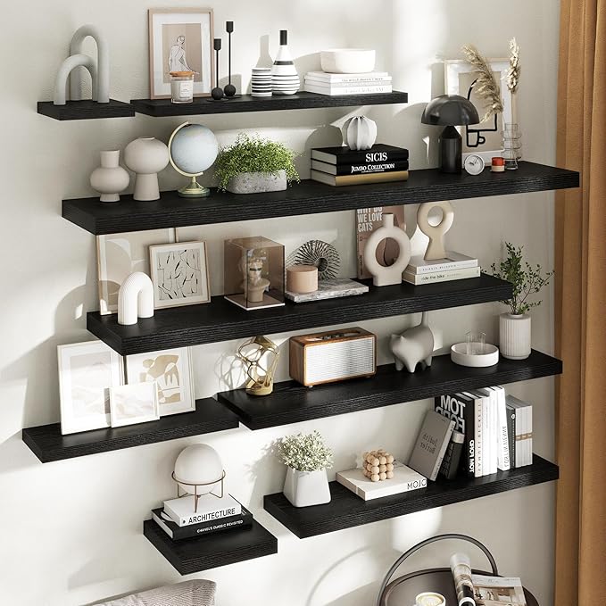 48 Inch Floating Shelves for Wall with Invisible Brackets Set of 2, 9"D Engineered Wood Wall Shelves with Wood Grain for Living Room, Bedroom, Bathroom, Kitchen Decor and Storage, Black Finish