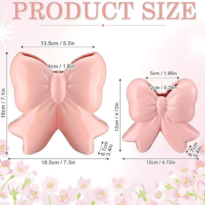 Jingmore Pink Bow Vase Coquette Ceramic Vase for Wedding Pen Holder Makeup Brush Holder Contemporary Design Decorative Women Gift for Home Office Shelf Table Room(Large, Classic)